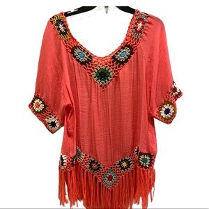 Asha Mexican Boho Fringed Crochet Trim Top Sz L
